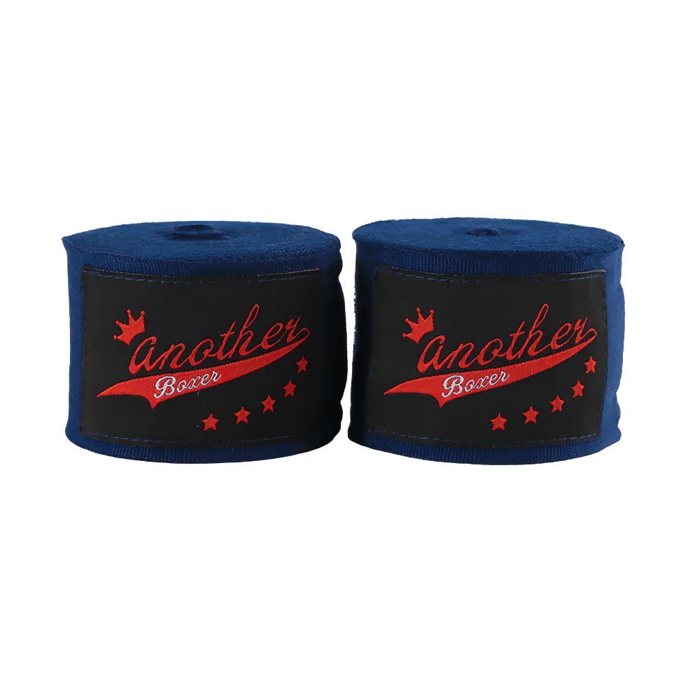 Set of blue boxing wrist wraps with 'Another Boxer' logo, ideal for Muay Thai, MMA, and kickboxing training.